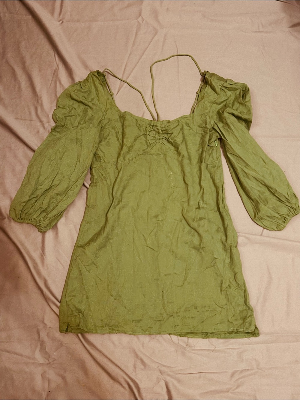 Anthropologie Maeve Olive Puff-Sleeve Mini Dress with Square Neckline Size 4